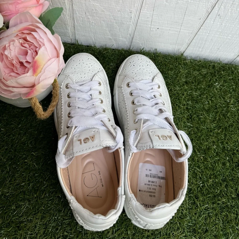 AGL Sade Spring White Flower Cut Out Sneaker $425 size 35.5 US 5.5 leather